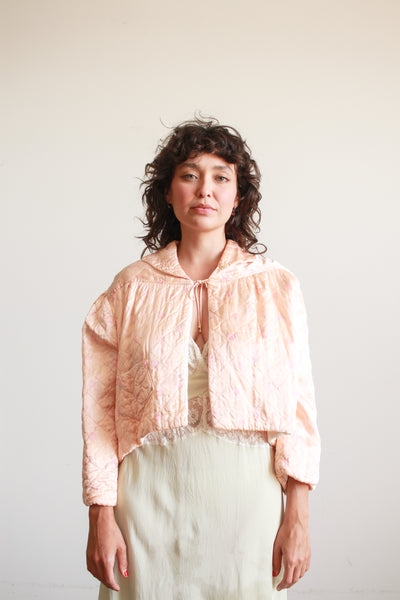 1940s Blush Print Quilted Satin Bed Jacket
