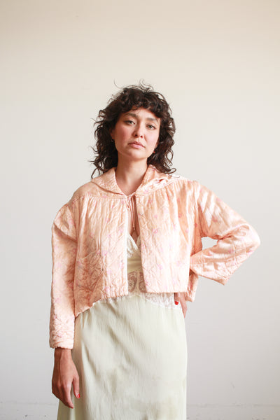 1940s Blush Print Quilted Satin Bed Jacket