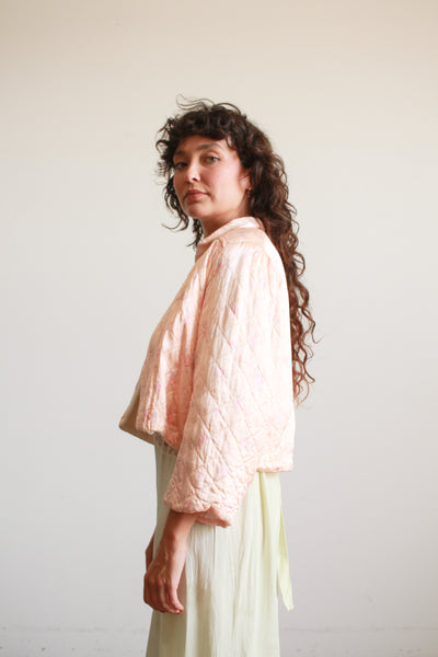 1940s Blush Print Quilted Satin Bed Jacket