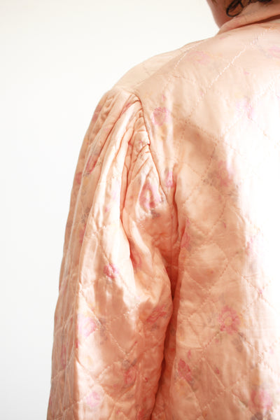 1940s Blush Print Quilted Satin Bed Jacket