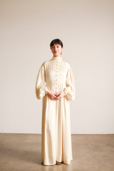 1970s Jean Muir Cream Silk Balloon Sleeve Gown