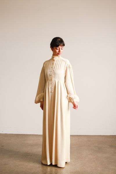 1970s Jean Muir Cream Silk Balloon Sleeve Gown