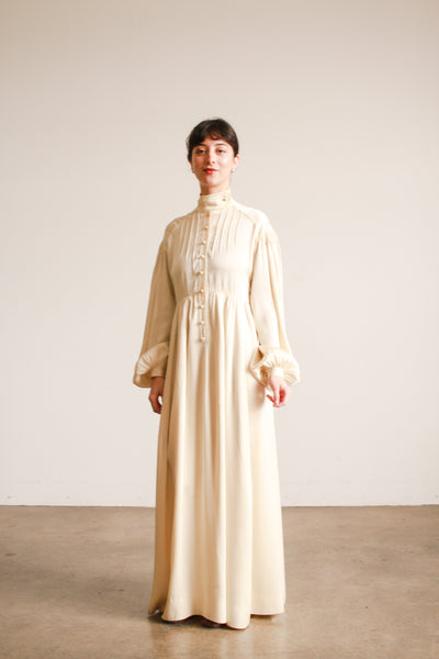 1970s Jean Muir Cream Silk Balloon Sleeve Gown