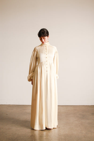 1970s Jean Muir Cream Silk Balloon Sleeve Gown