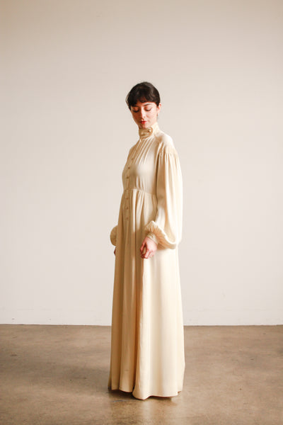 1970s Jean Muir Cream Silk Balloon Sleeve Gown