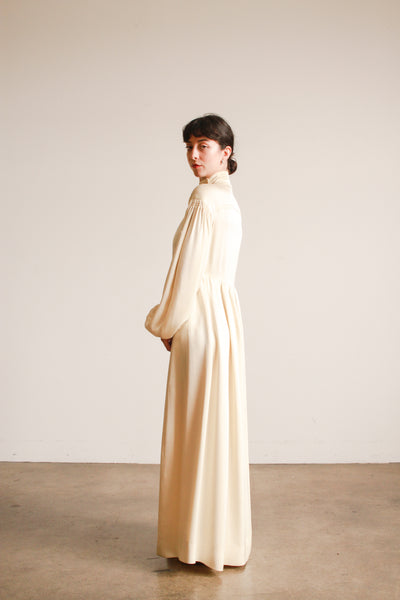 1970s Jean Muir Cream Silk Balloon Sleeve Gown