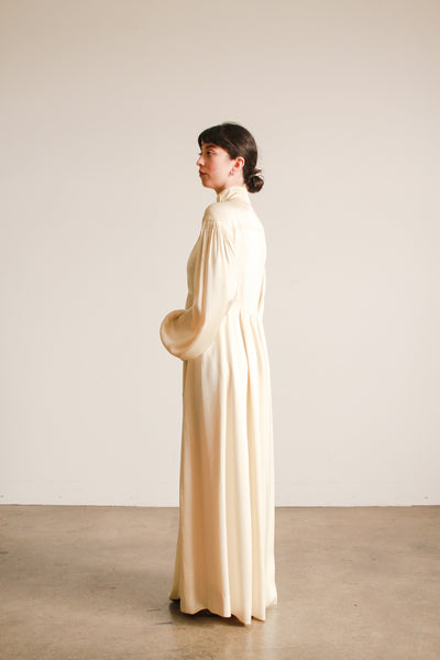 1970s Jean Muir Cream Silk Balloon Sleeve Gown