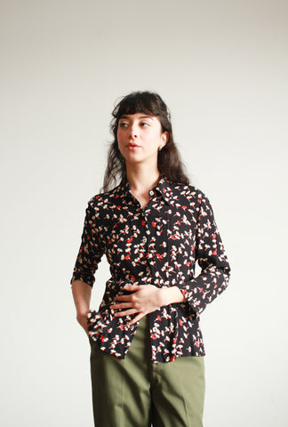 1990s Navy Print Crepe Rayon Blouse