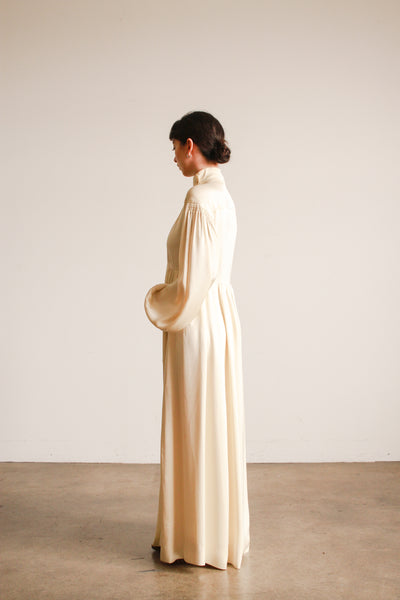 1970s Jean Muir Cream Silk Balloon Sleeve Gown