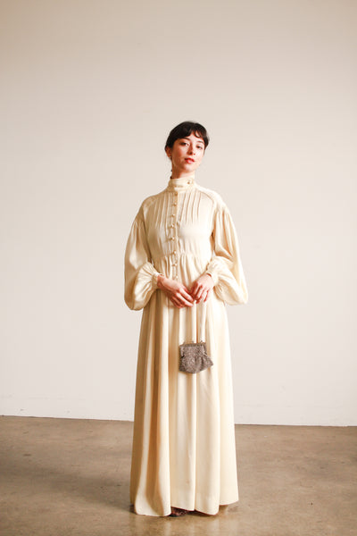 1970s Jean Muir Cream Silk Balloon Sleeve Gown