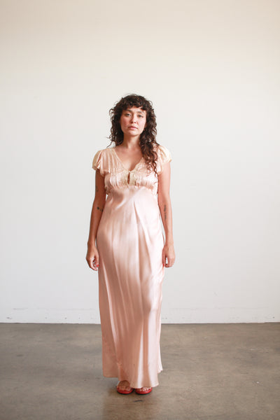 1930s Femi Craft Rose Silk Charmeuse Embroidered Bias Nightgown