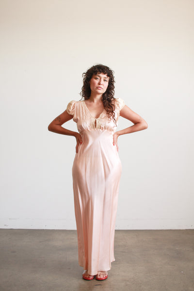 1930s Femi Craft Rose Silk Charmeuse Embroidered Bias Nightgown