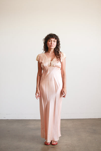 1930s Femi Craft Rose Silk Charmeuse Embroidered Bias Nightgown