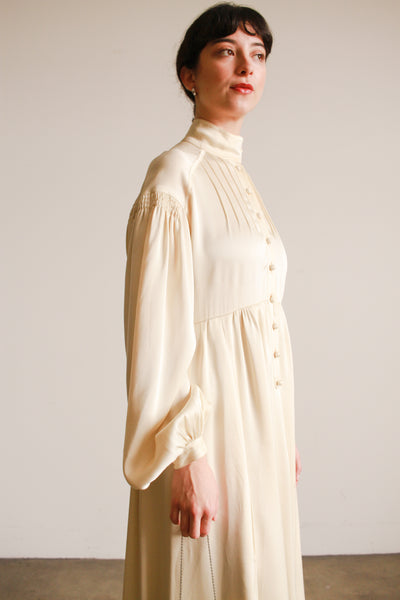 1970s Jean Muir Cream Silk Balloon Sleeve Gown