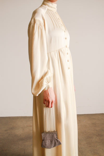 1970s Jean Muir Cream Silk Balloon Sleeve Gown