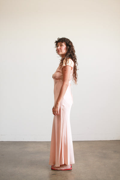 1930s Femi Craft Rose Silk Charmeuse Embroidered Bias Nightgown