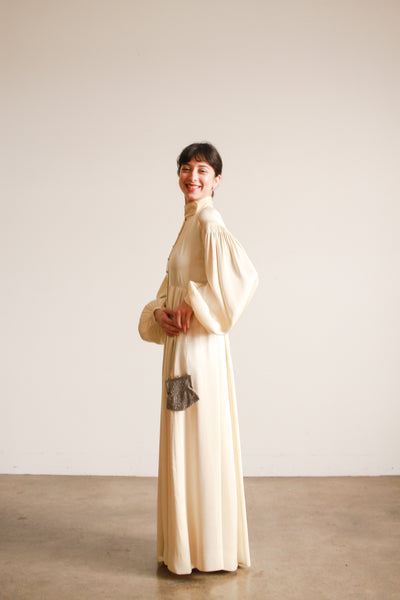 1970s Jean Muir Cream Silk Balloon Sleeve Gown