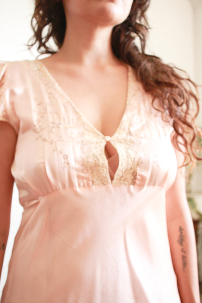 1930s Femi Craft Rose Silk Charmeuse Embroidered Bias Nightgown