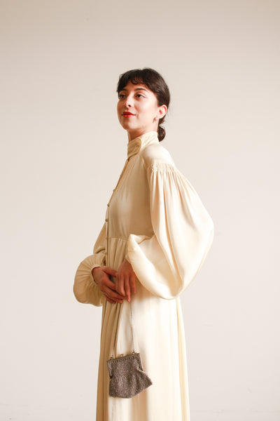 1970s Jean Muir Cream Silk Balloon Sleeve Gown