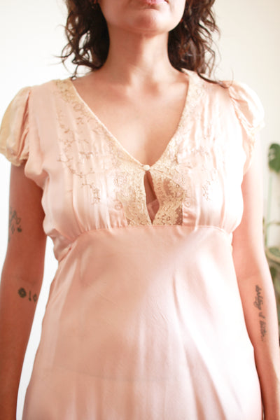 1930s Femi Craft Rose Silk Charmeuse Embroidered Bias Nightgown