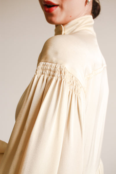 1970s Jean Muir Cream Silk Balloon Sleeve Gown