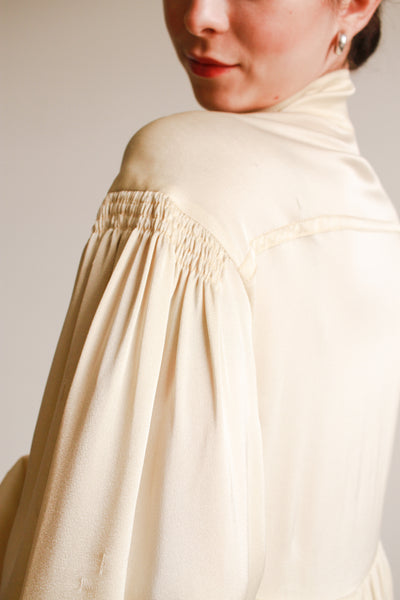 1970s Jean Muir Cream Silk Balloon Sleeve Gown