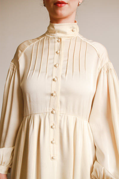 1970s Jean Muir Cream Silk Balloon Sleeve Gown