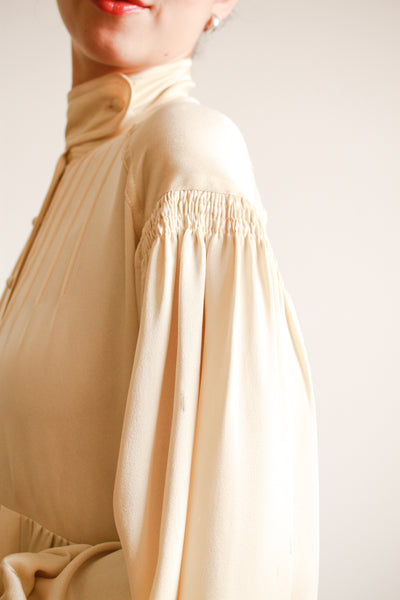 1970s Jean Muir Cream Silk Balloon Sleeve Gown