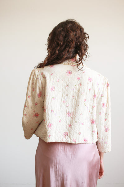 1940s Cream Floral Print Quilted Bed Jacket