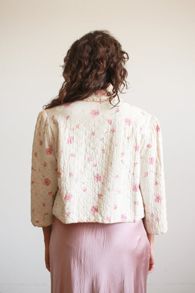 1940s Cream Floral Print Quilted Bed Jacket