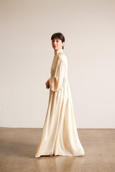 1970s Jean Muir Cream Silk Balloon Sleeve Gown