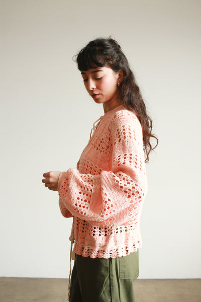 1970s Pink Crochet Knit Balloon Sleeve Cardigan