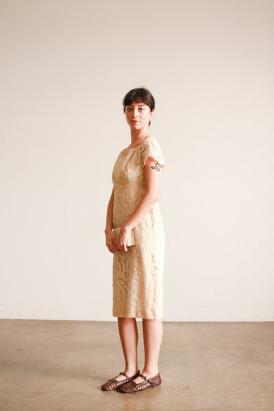 1950s Ecru Tape Lace Capsleeve Dress