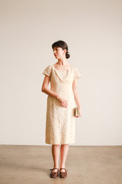 1950s Ecru Tape Lace Capsleeve Dress