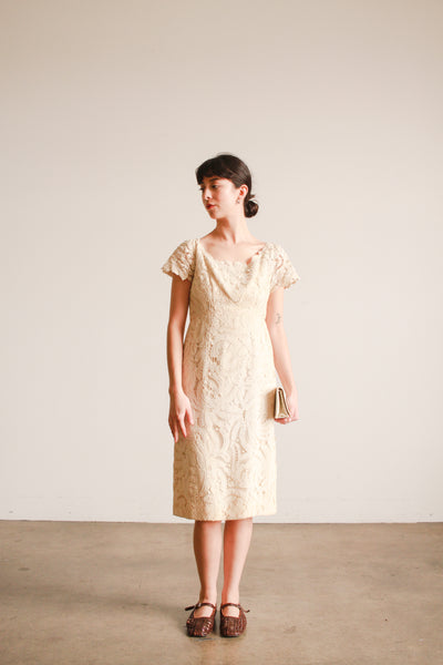 1950s Ecru Tape Lace Capsleeve Dress