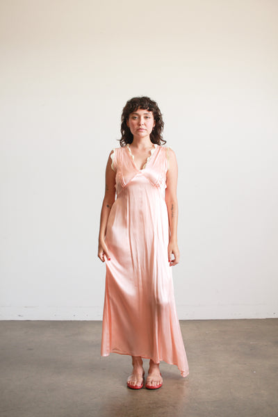 1940s Peach Silk Rayon Lace Trim Nightgown