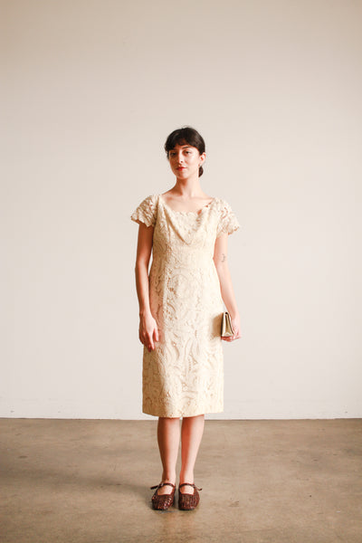 1950s Ecru Tape Lace Capsleeve Dress