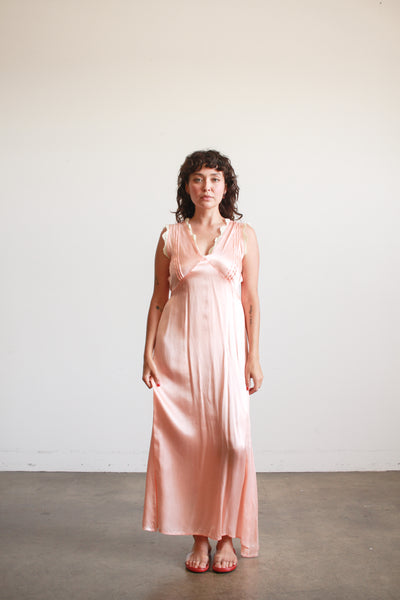 1940s Peach Silk Rayon Lace Trim Nightgown