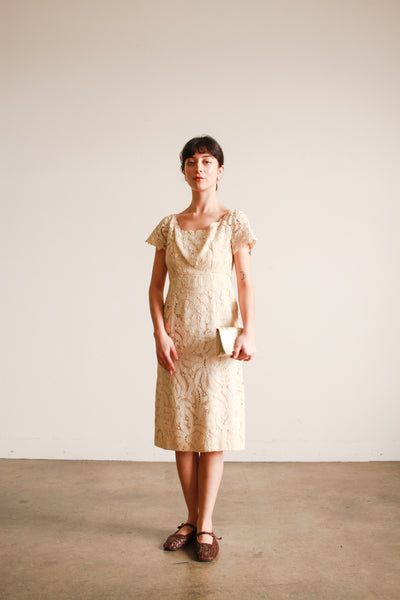 1950s Ecru Tape Lace Capsleeve Dress