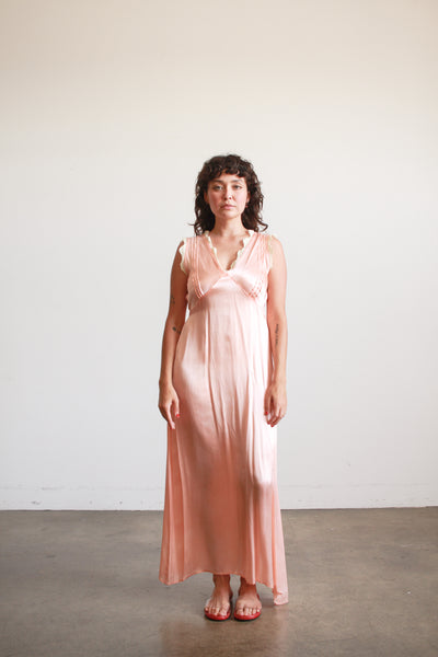 1940s Peach Silk Rayon Lace Trim Nightgown