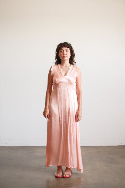 1940s Peach Silk Rayon Lace Trim Nightgown