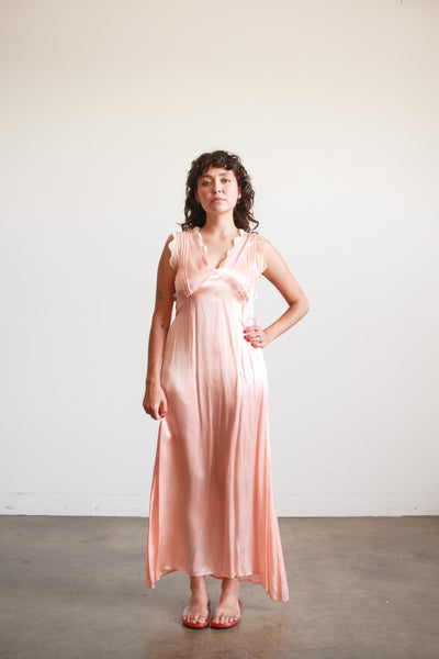 1940s Peach Silk Rayon Lace Trim Nightgown