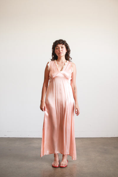 1940s Peach Silk Rayon Lace Trim Nightgown