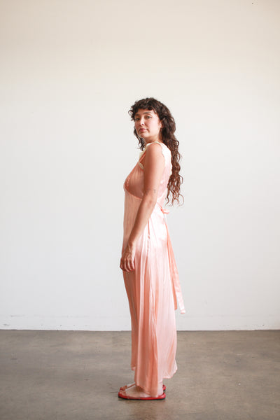 1940s Peach Silk Rayon Lace Trim Nightgown