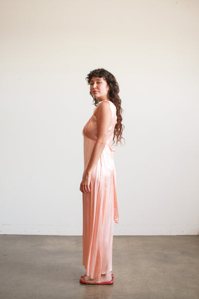 1940s Peach Silk Rayon Lace Trim Nightgown