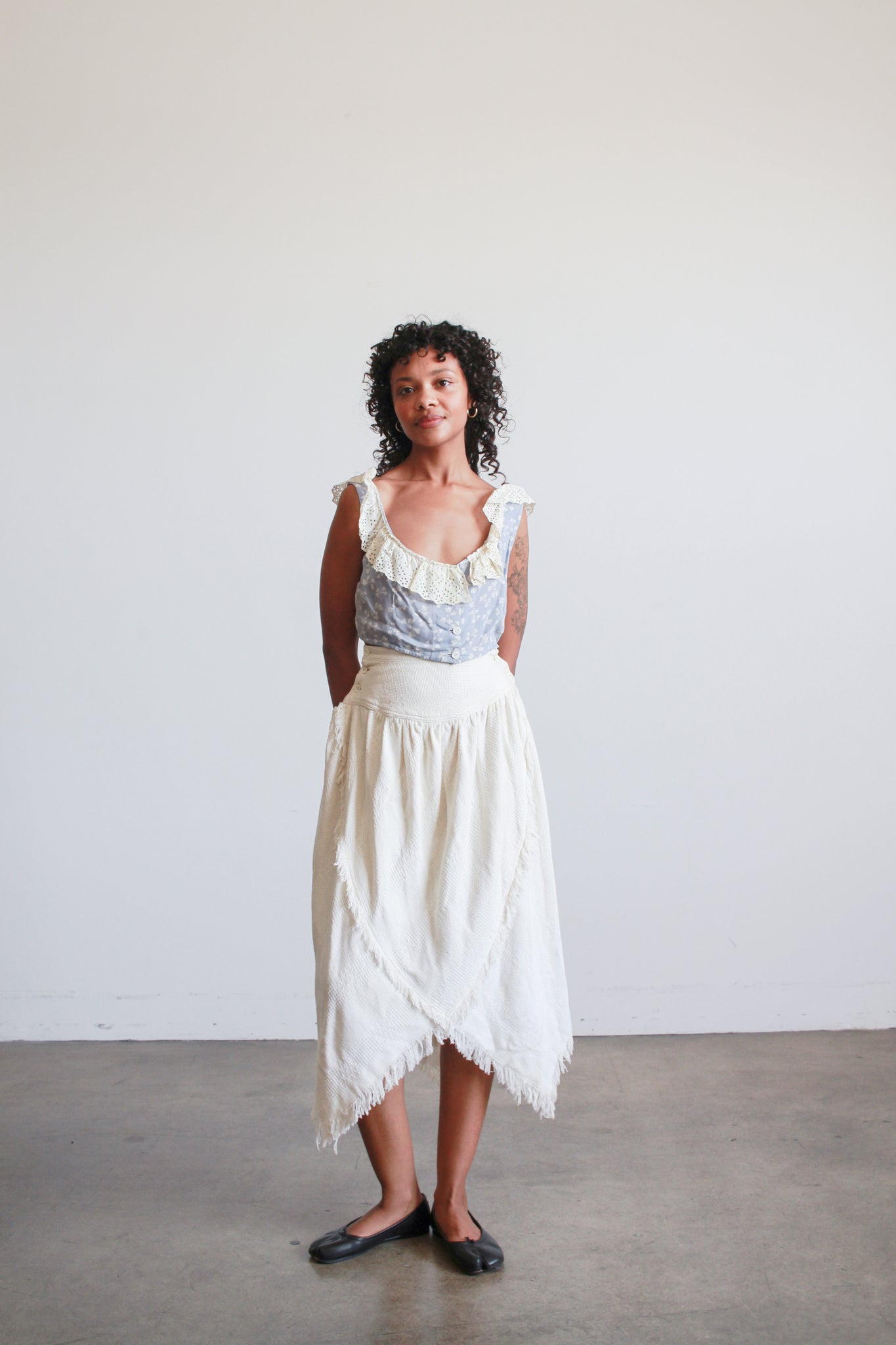 1980s Cream Asymmetrical Woven Cotton Midi Skirt