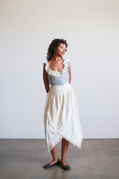 1980s Cream Asymmetrical Woven Cotton Midi Skirt