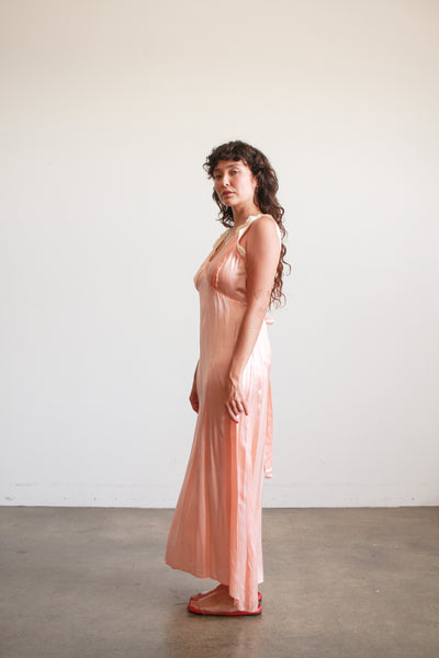 1940s Peach Silk Rayon Lace Trim Nightgown