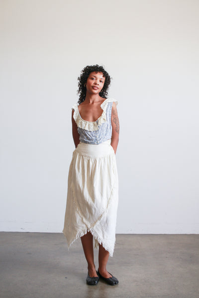 1980s Cream Asymmetrical Woven Cotton Midi Skirt