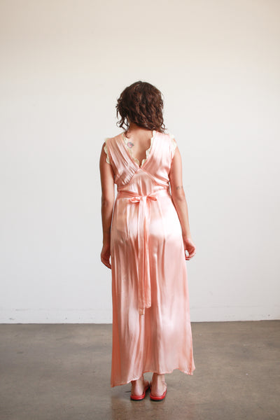 1940s Peach Silk Rayon Lace Trim Nightgown